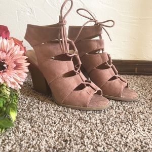 Light Rose Pink Faux Suede lace up Heeled Sandle